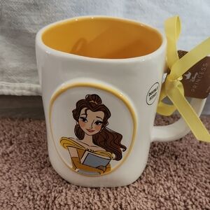 Rae Dunn White Ceramic Mug with Yellow Interior and Belle Illustration